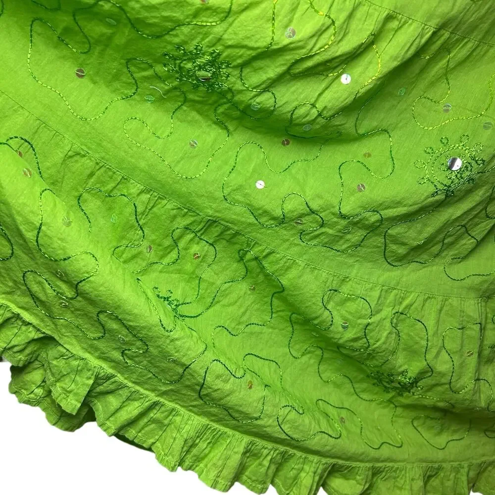Green Ombre Broomstick L Maxi Skirt Sequin Embroidered Y2K Boho Fairy Grunge
